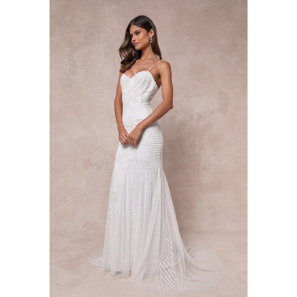 Lulus Radiant Presence Dress White Maxi Wedding Sequin Backless Size S NWT